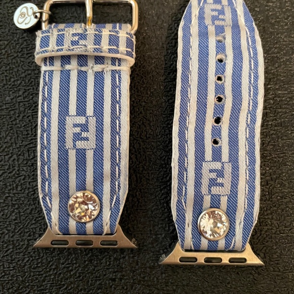 Upcycled Fendi blue pinstriped Apple Watch band size 1 - Picture 2 of 3